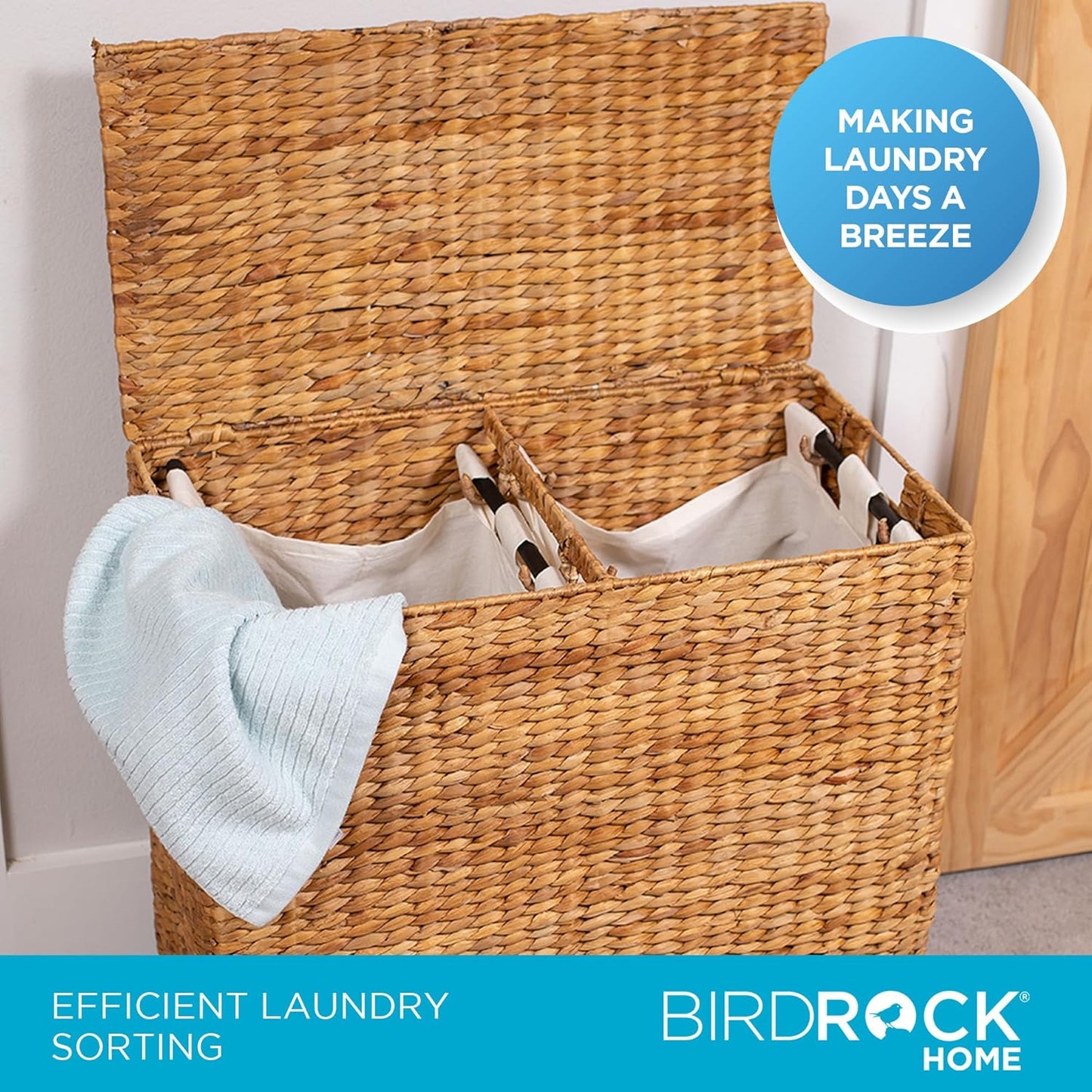 BIRDROCK HOME Handwoven Double Laundry Hamper | Removable Liner Bags | Laundry Basket with Lid - College Dorm Room Essentials, Bathroom, Bedroom, Home Clothes Storage, Organization | Natural