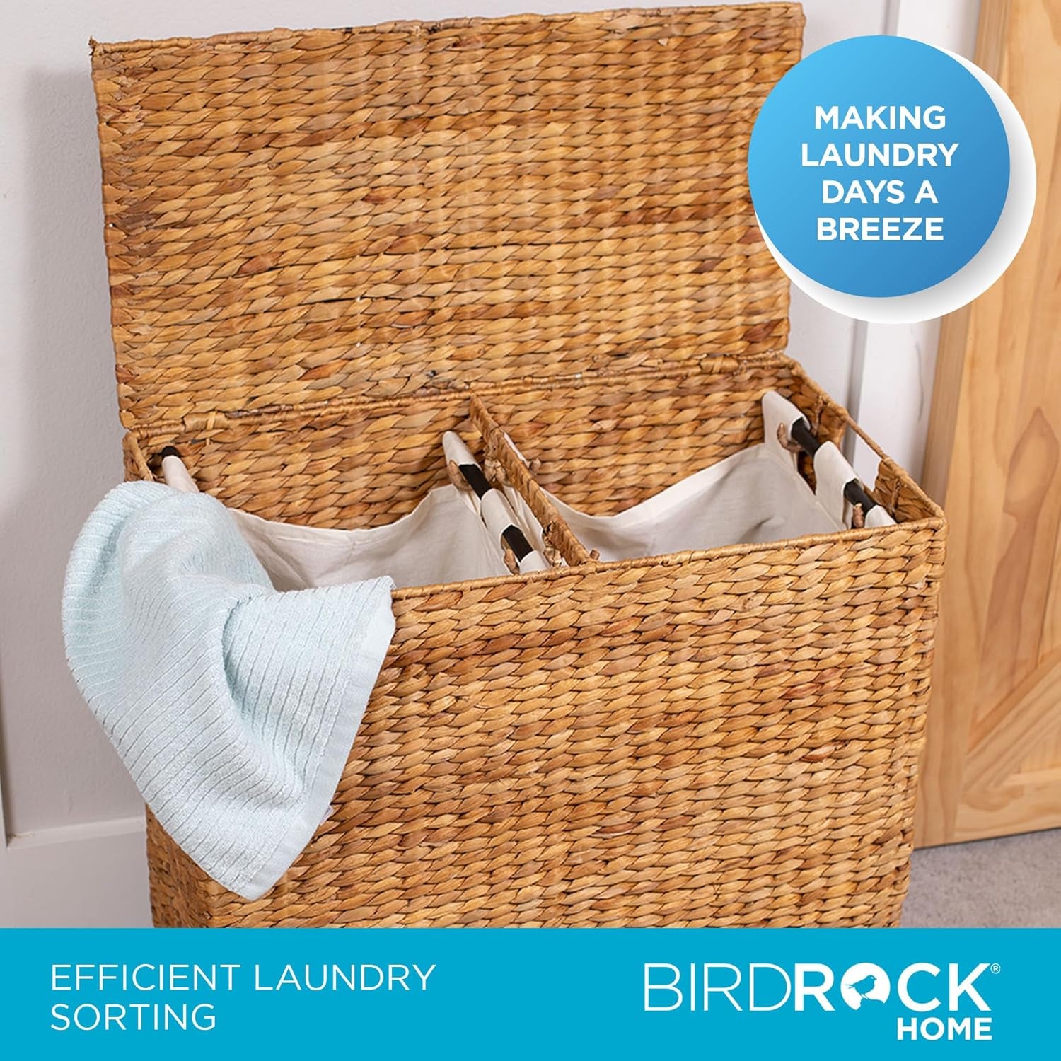 BIRDROCK HOME Handwoven Double Laundry Hamper | Removable Liner Bags | Laundry Basket with Lid - College Dorm Room Essentials, Bathroom, Bedroom, Home Clothes Storage, Organization | Natural
