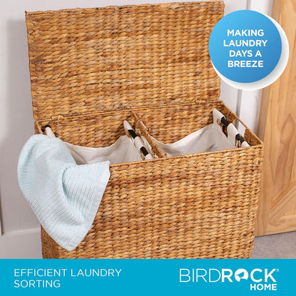 BIRDROCK HOME Handwoven Double Laundry Hamper | Removable Liner Bags | Laundry Basket with Lid - College Dorm Room Essentials, Bathroom, Bedroom, Home Clothes Storage, Organization | Natural