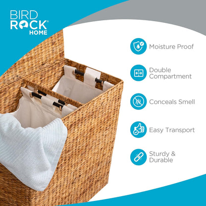 BIRDROCK HOME Handwoven Double Laundry Hamper | Removable Liner Bags | Laundry Basket with Lid - College Dorm Room Essentials, Bathroom, Bedroom, Home Clothes Storage, Organization | Natural