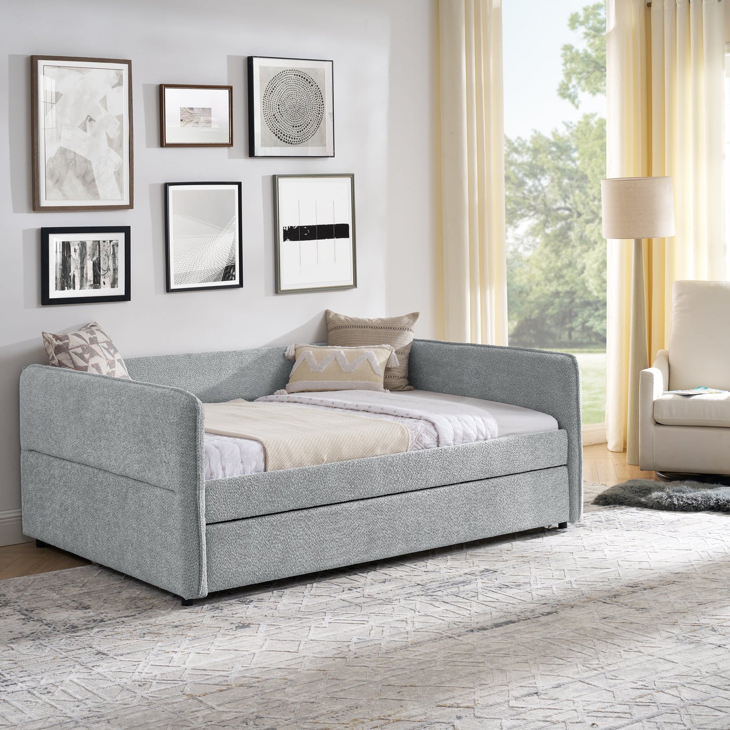 Upholstered Tufted Daybed Sofa Bed with Trundle and Convertible Design