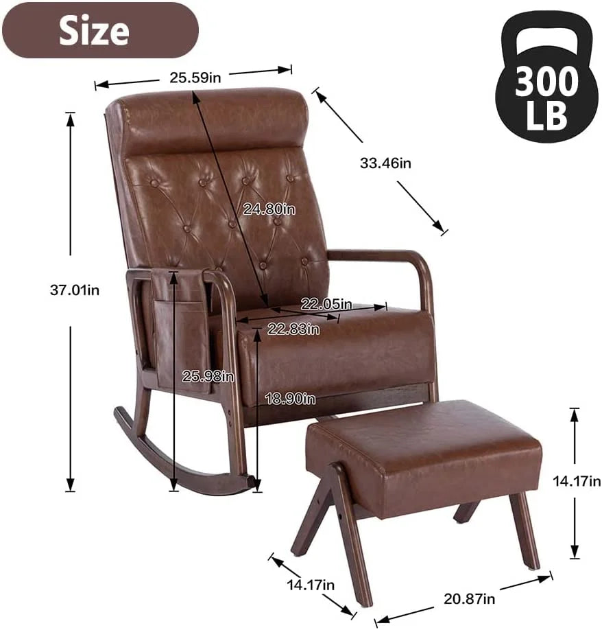 Nursery Rocking Chair Mid-Century Modern Chair with Ottoman Leather Arm Chair High Back with Side Pocket Comfy Glider Rocker Chair for Living Room Baby Room Bedroom (Brown PU Leather)