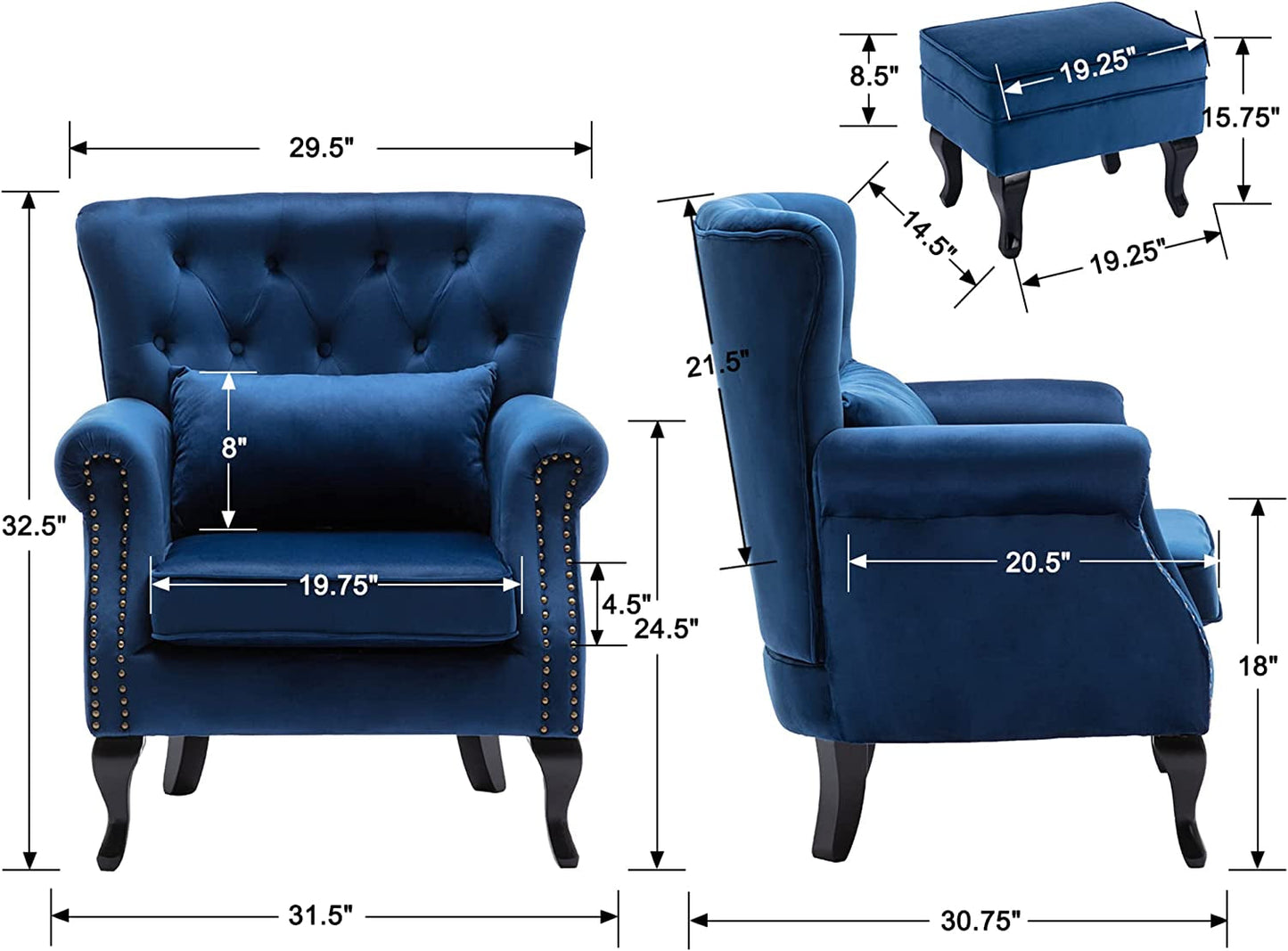 Blue Velvet Wingback Chair and Ottoman Set