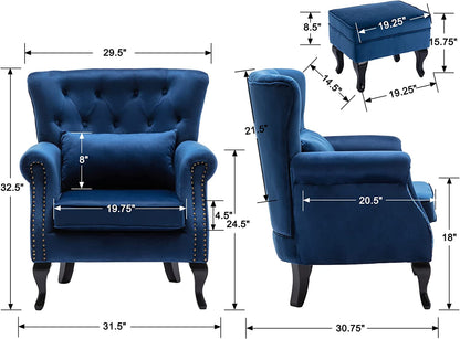 Blue Velvet Wingback Chair and Ottoman Set