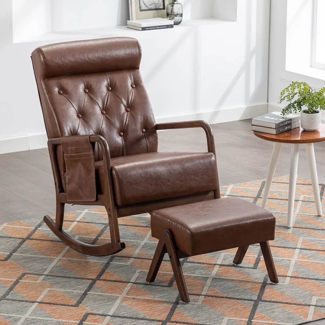 Nursery Rocking Chair Mid-Century Modern Chair with Ottoman Leather Arm Chair High Back with Side Pocket Comfy Glider Rocker Chair for Living Room Baby Room Bedroom (Brown PU Leather)