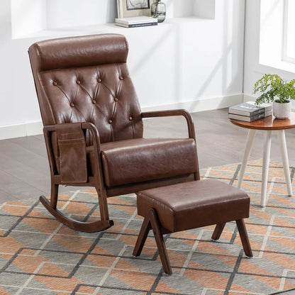 Nursery Rocking Chair Mid-Century Modern Chair with Ottoman Leather Arm Chair High Back with Side Pocket Comfy Glider Rocker Chair for Living Room Baby Room Bedroom (Brown PU Leather)