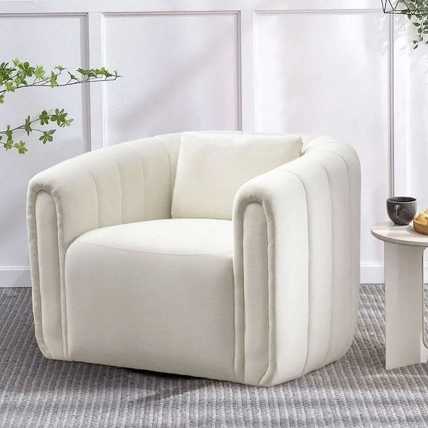 Swivel Barrel Chair with Plump Pillow, Modern Channel Velvet Accent Chair, Comfy round Armchair, Swivel Accent Chair for Living Room Bedroom (Beige)