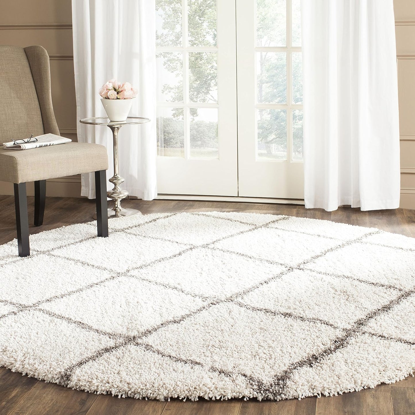 SAFAVIEH Hudson Shag Collection Area Rug - 7' Square, Beige & Ivory, Modern Trellis Design, Non-Shedding & Easy Care, 2-Inch Thick Ideal for High Traffic Areas in Living Room, Bedroom (SGH281S)