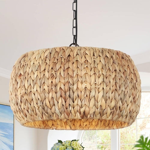 Farmhouse Rattan Boho Chandelier Rustic Pendant Lighting Fixture Ceiling Mounted