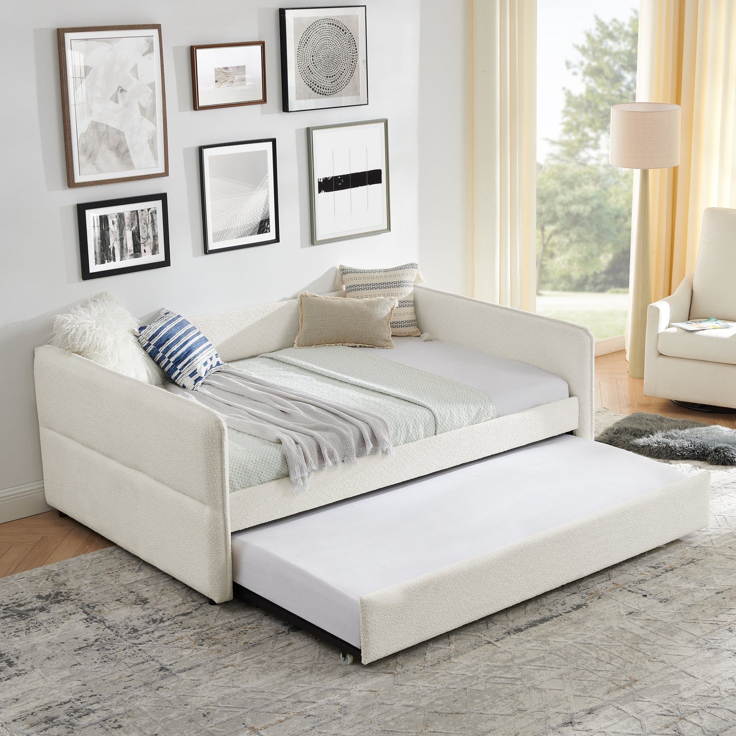 Upholstered Tufted Daybed Sofa Bed with Trundle and Convertible Design