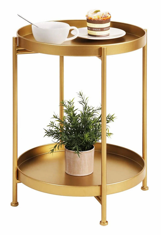 Metal End Table, 2 Tier Modern Gold Circle Side Table, 20.27"H Sofa Table Removable Tray, Coffee Table Indoor Outdoor