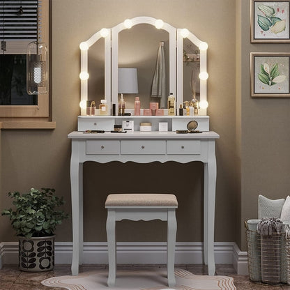 White Vanity Desk with Lighted Mirror and Stool