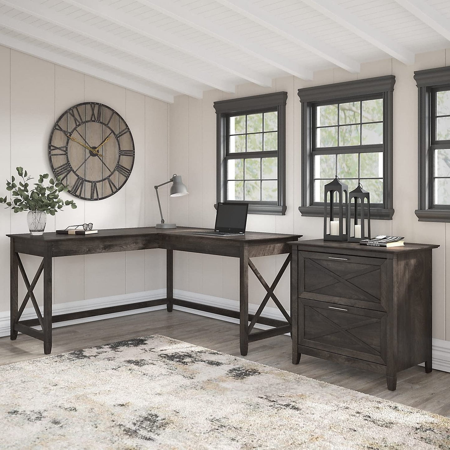 Key West L-Shaped Desk with Mobile File Cabinet for Home Office Workspace