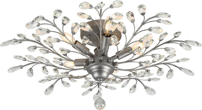 Seol-Light Vintage Crystal Branch Close to Ceiling Light Fixture Black Chandelier Flush Mount with 4 Light 160W 24.5" Dia;
