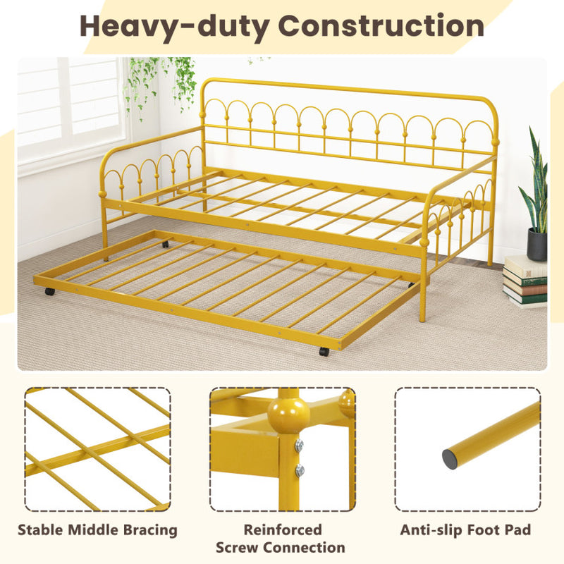Twin Size Golden Metal Daybed with Trundle and Lockable Wheels