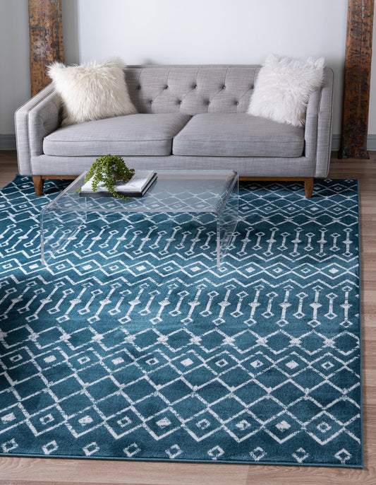 Moroccan Trellis Collection Area Rug - Mamounia (6' 1" Square Blue/Ivory)
