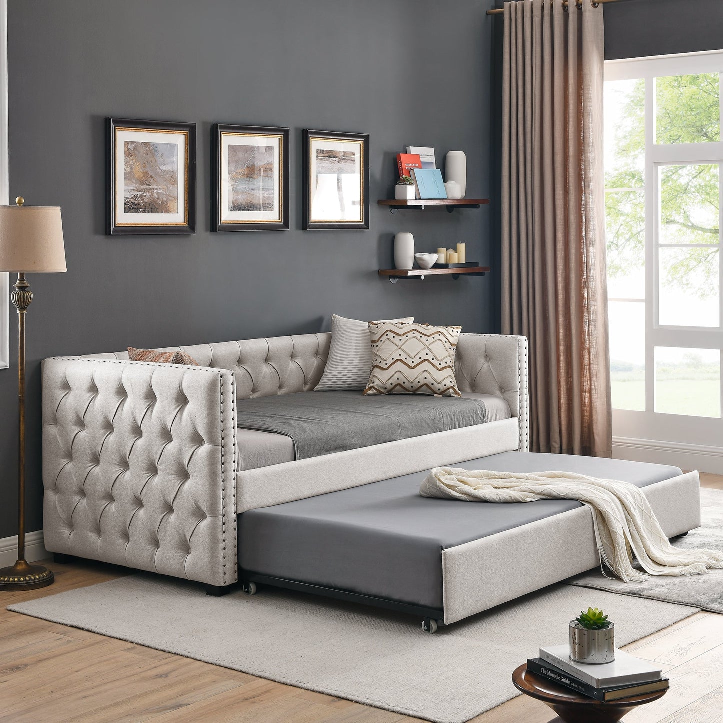 Upholstered Tufted Daybed Sofa Bed with Trundle and Convertible Design