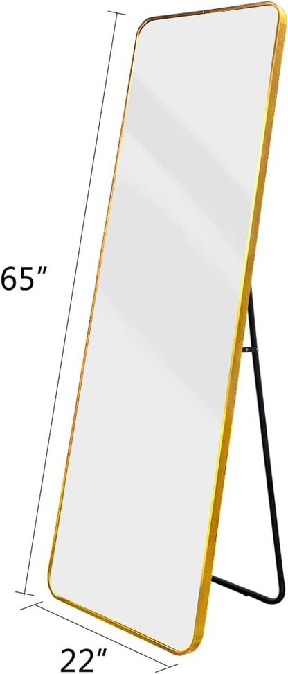 OGCAU Full Length Mirror Standing Floor Mirror with Stand for Bedroom, Wall-Mounted Mirror Standing Hanging or Leaning, Wall Mirror with Aluminum Alloy Frame, 65" X 22" (Gold)