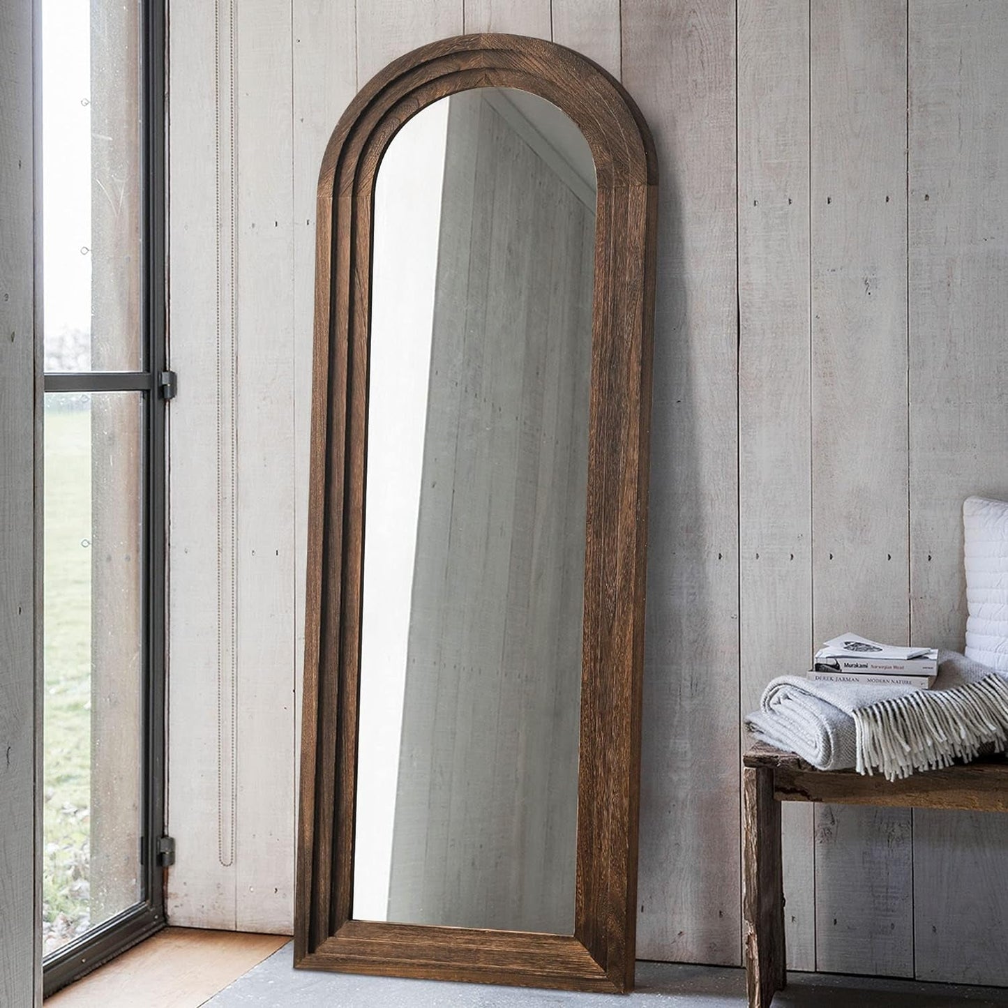 Wooden Arched Floor Mirror with Distressed Style - Wall Mounted Wide