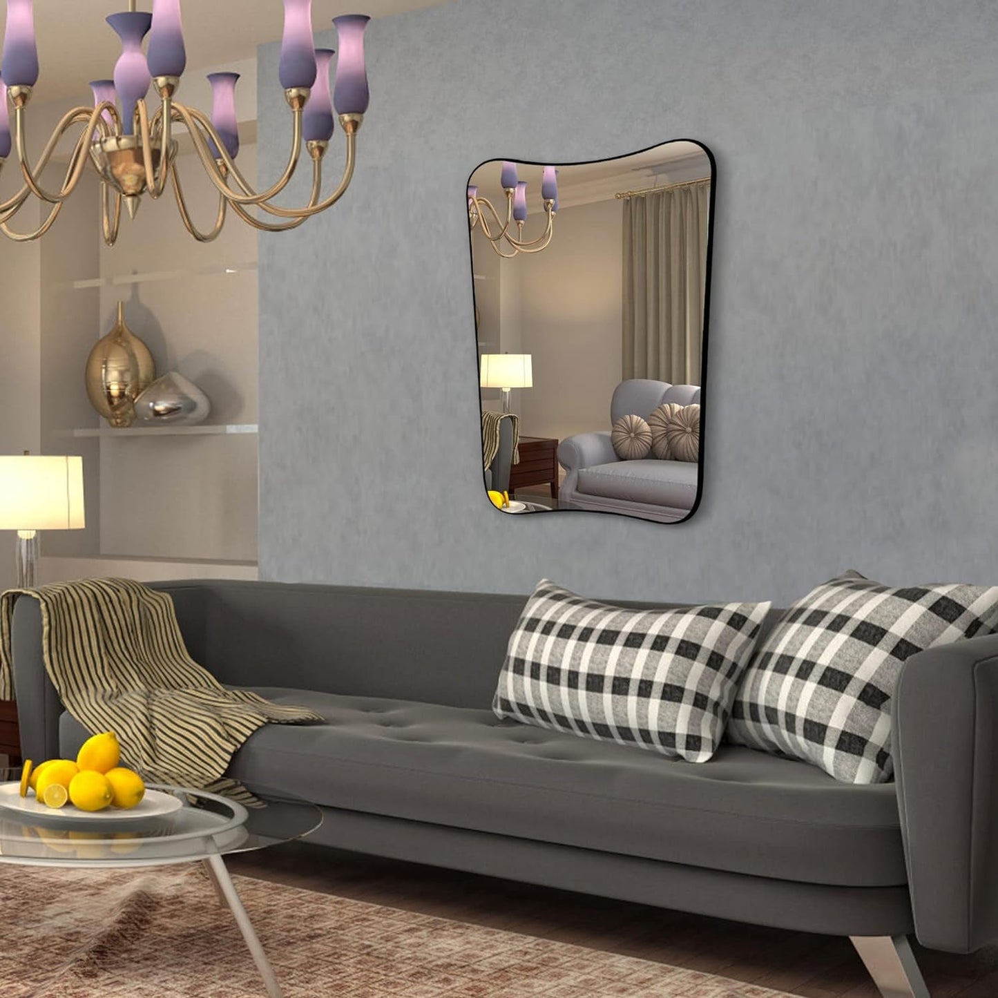 Elegant 36X24 Asymmetric Irregular Wall Mirror with Wooden Frame -