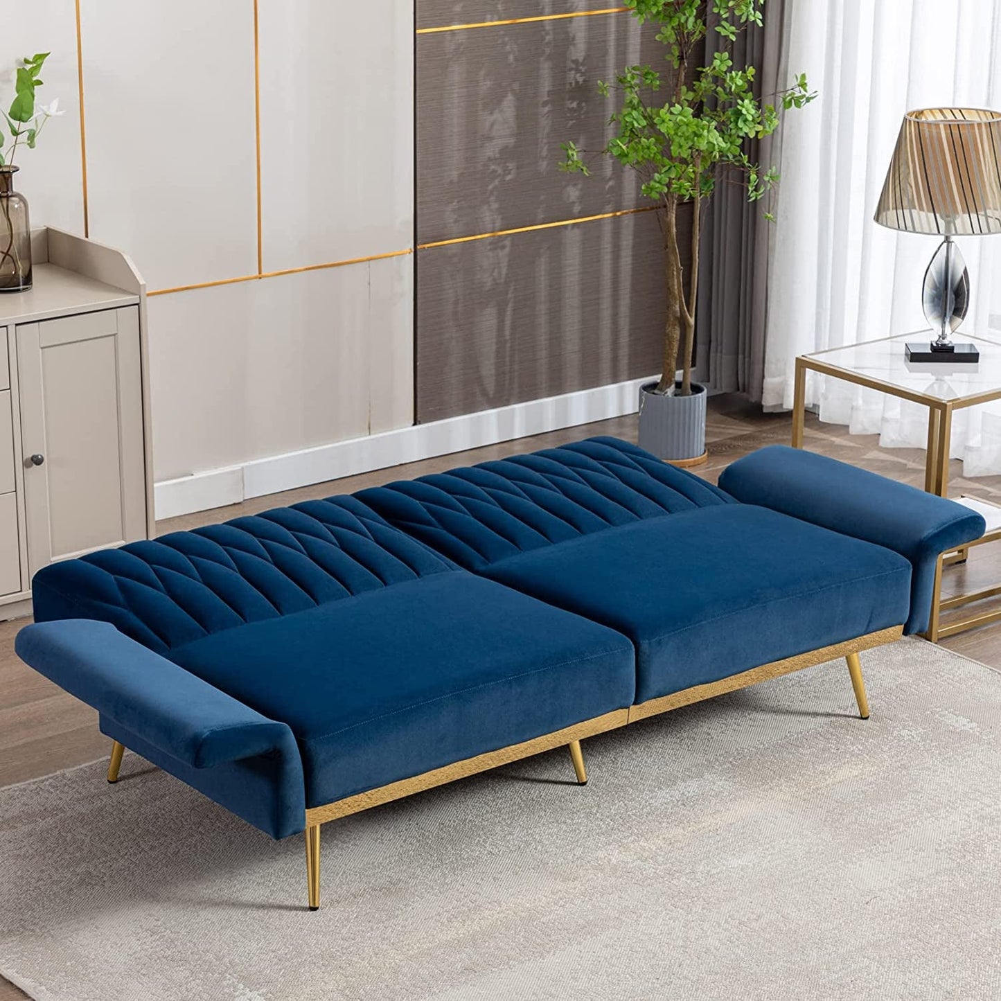 Blue Velvet Convertible Sofa Bed with Metal Legs