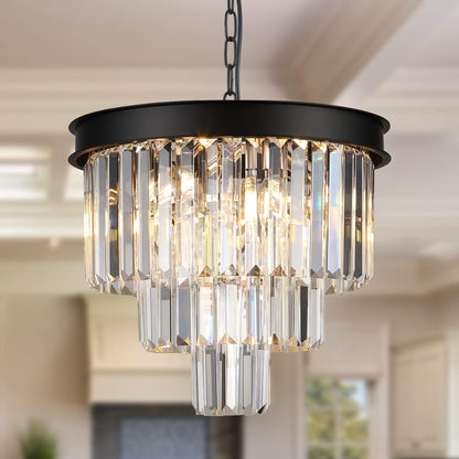 Black Crystal Chandeliers Modern round Chandeliers 20" Dimmable 9 Lights Ceiling Pendant Light Fixtures 3 Tiers Luxury Raindrop for Living Room Dining Room Bedroom Foyer
