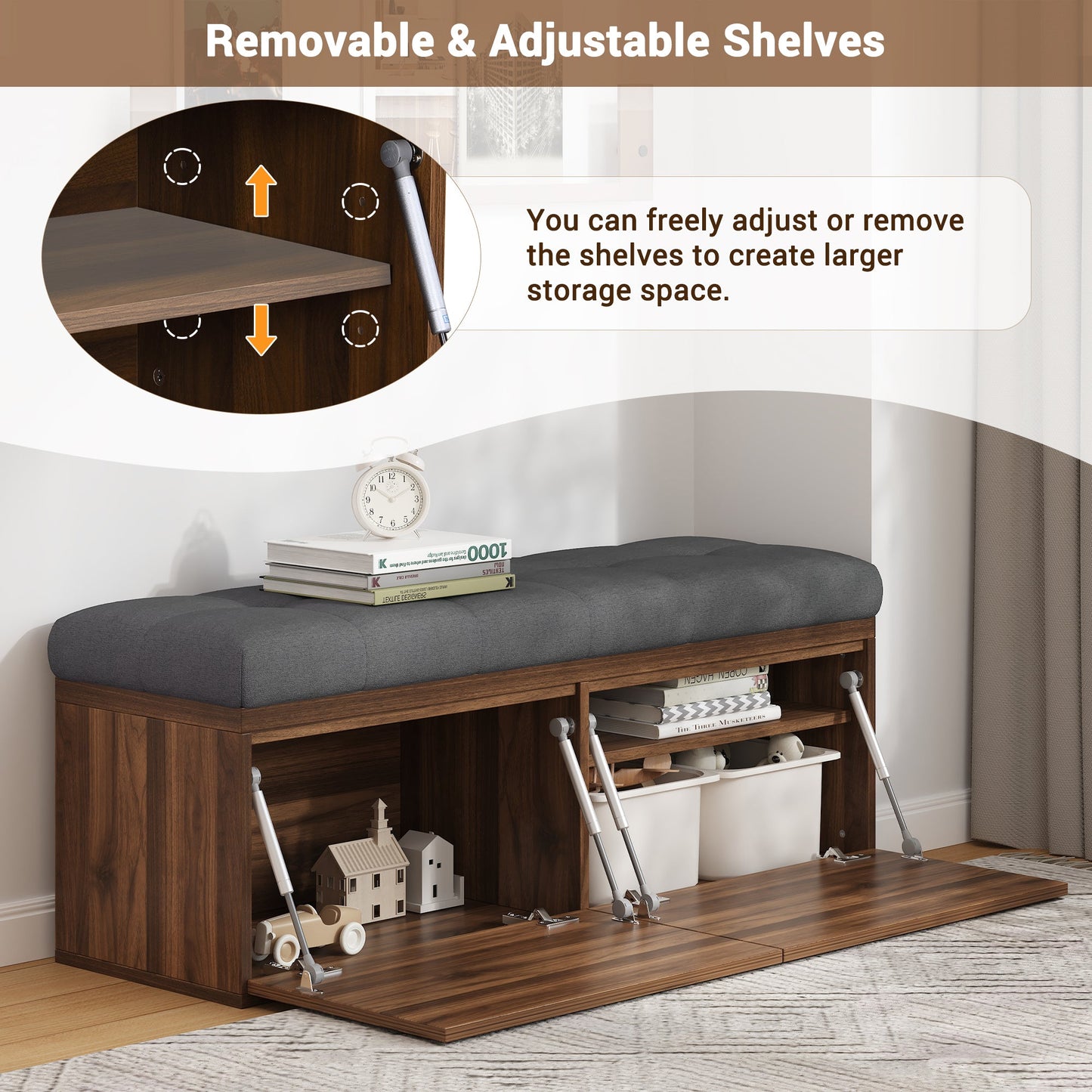 49" Storage Bench Storage Cabinet Storage Ottoman with Adjustable