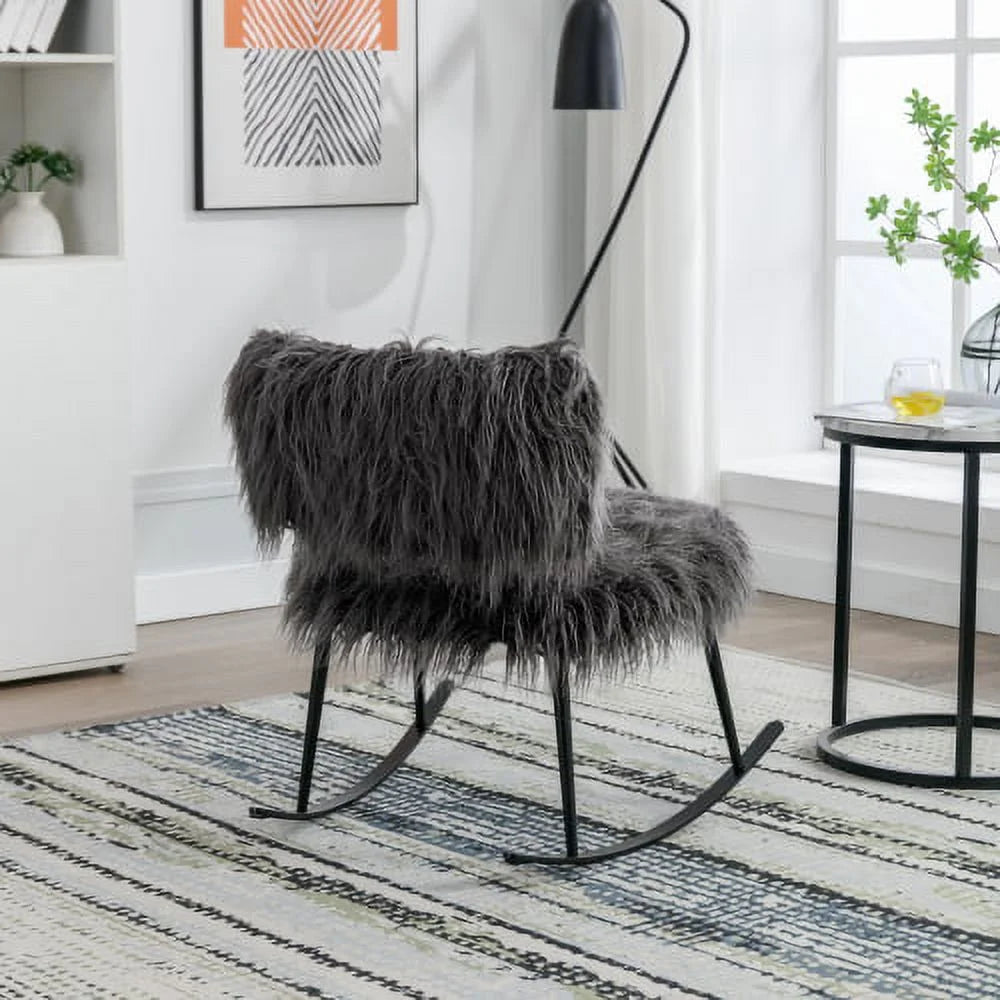 Wide Faux Fur Plush Nursery Rocking Chair, Baby Nursing Chair with Metal Rocker, Fluffy Upholstered Glider Chair, Comfy Mid Century Modern Chair for Living Room