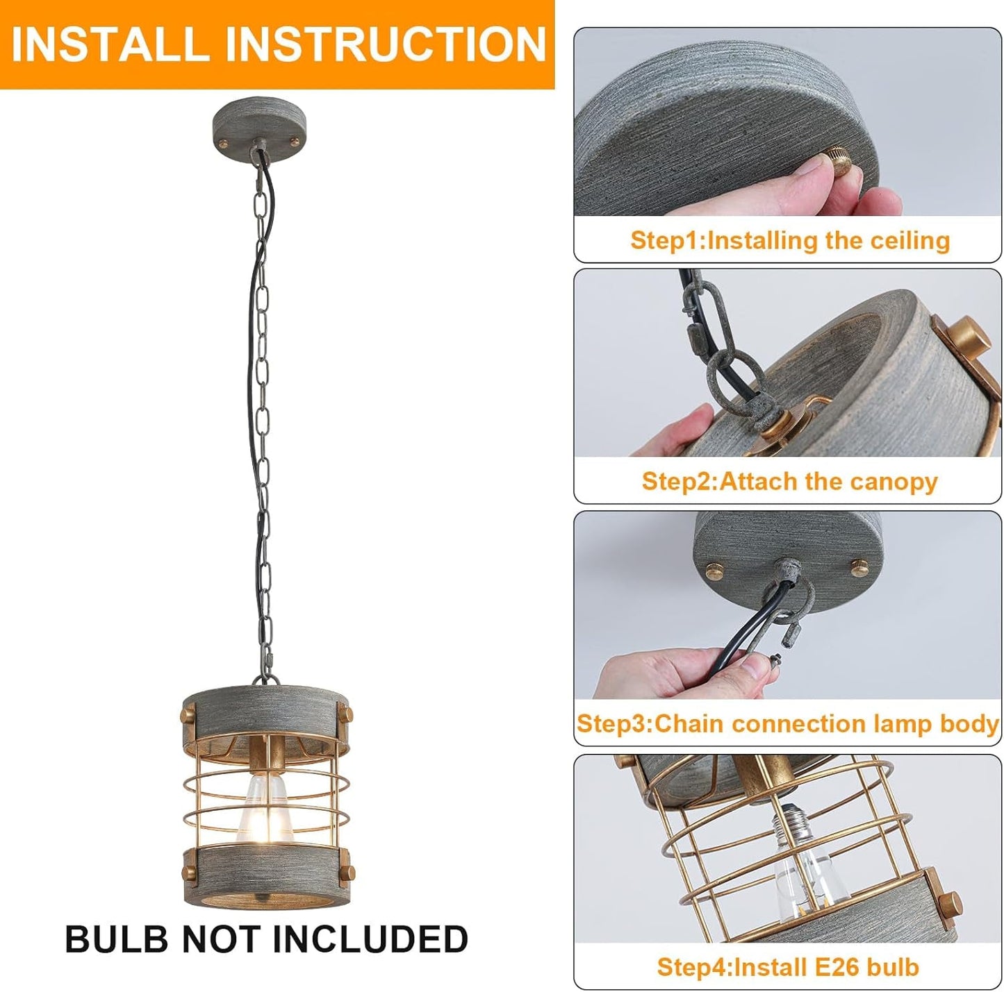 Farmhouse Pendant Light, Adjustable Metal and Wood Chandelier Light