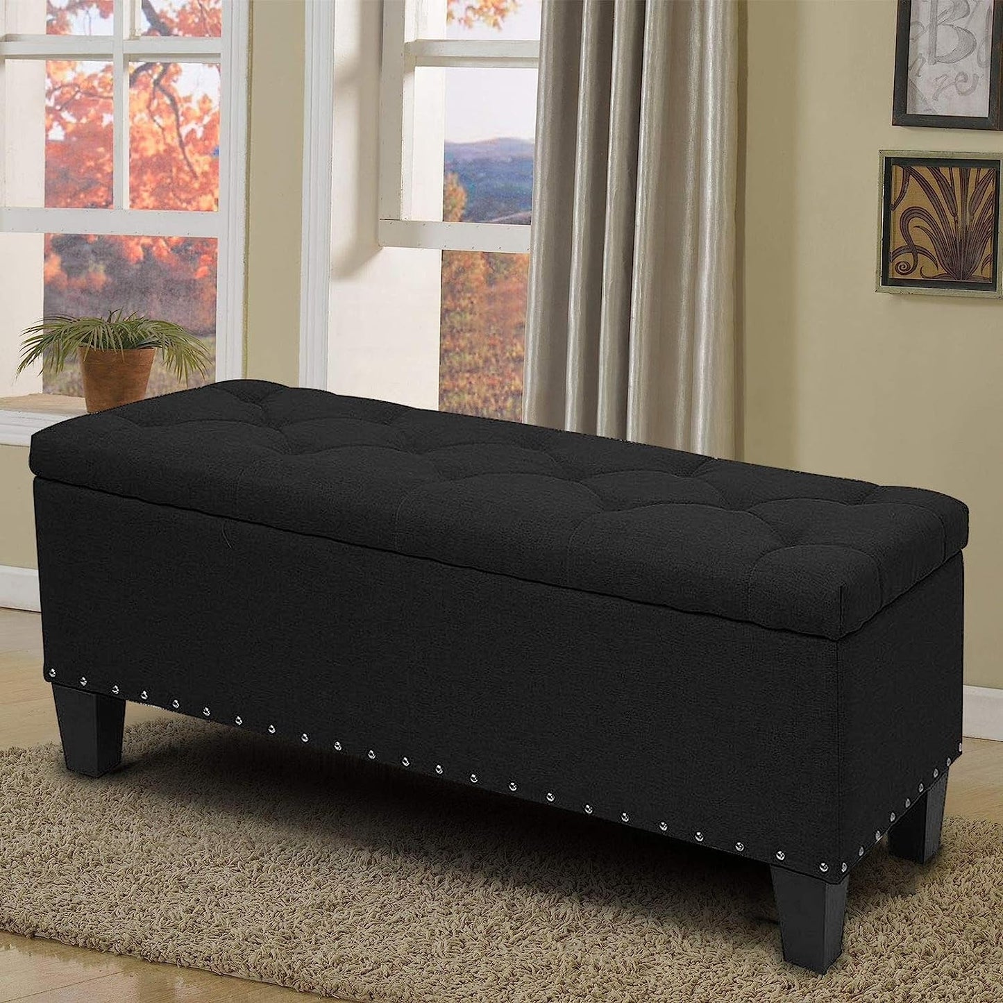 Memory Foam Ottoman Bench with Storage (Black)