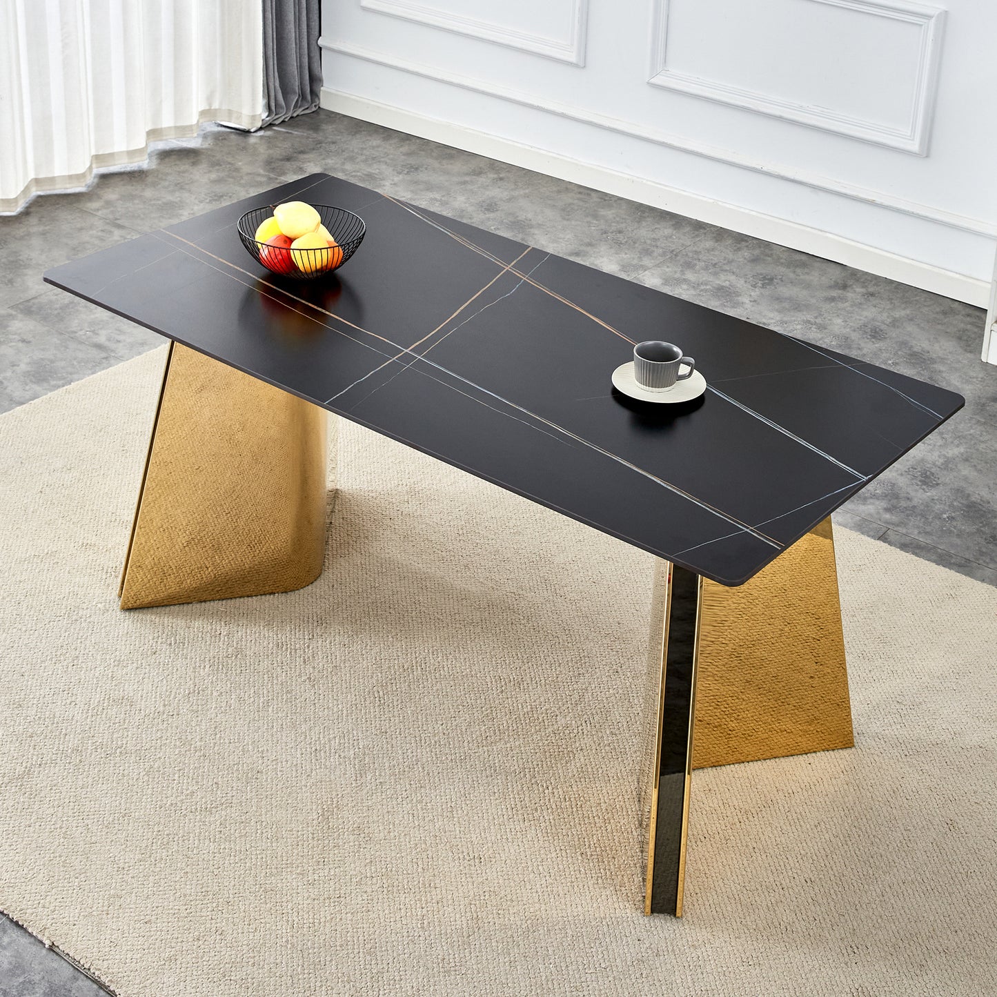Black Marble-Patterned Slab Dining Table with Golden Stainless Steel Butterfly Legs.The tabletop is designed to be scratch and heat resistant.Slabs Tabletop,Golden Stainless Steels Legs.