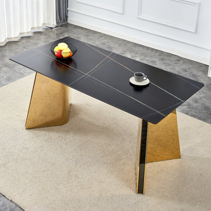 Black Marble-Patterned Slab Dining Table with Golden Stainless Steel Butterfly Legs.The tabletop is designed to be scratch and heat resistant.Slabs Tabletop,Golden Stainless Steels Legs.