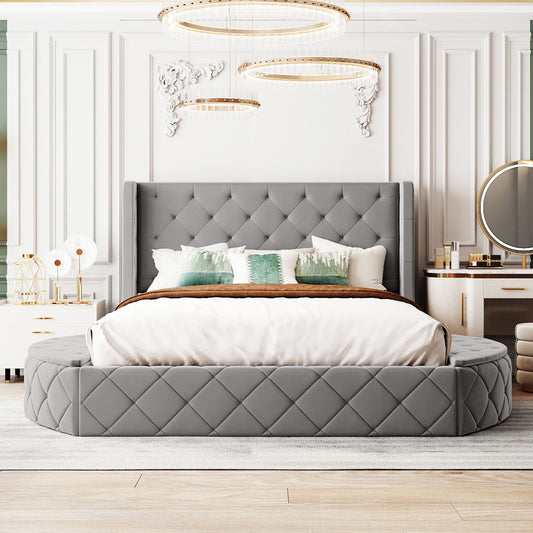 Upholstered Platform Bed Queen Size Storage Velvet Bed with Wingback Headboard and 1 Big Drawer,2 Side Storage Stool(Gray)(Old sku: LP000815AAE)