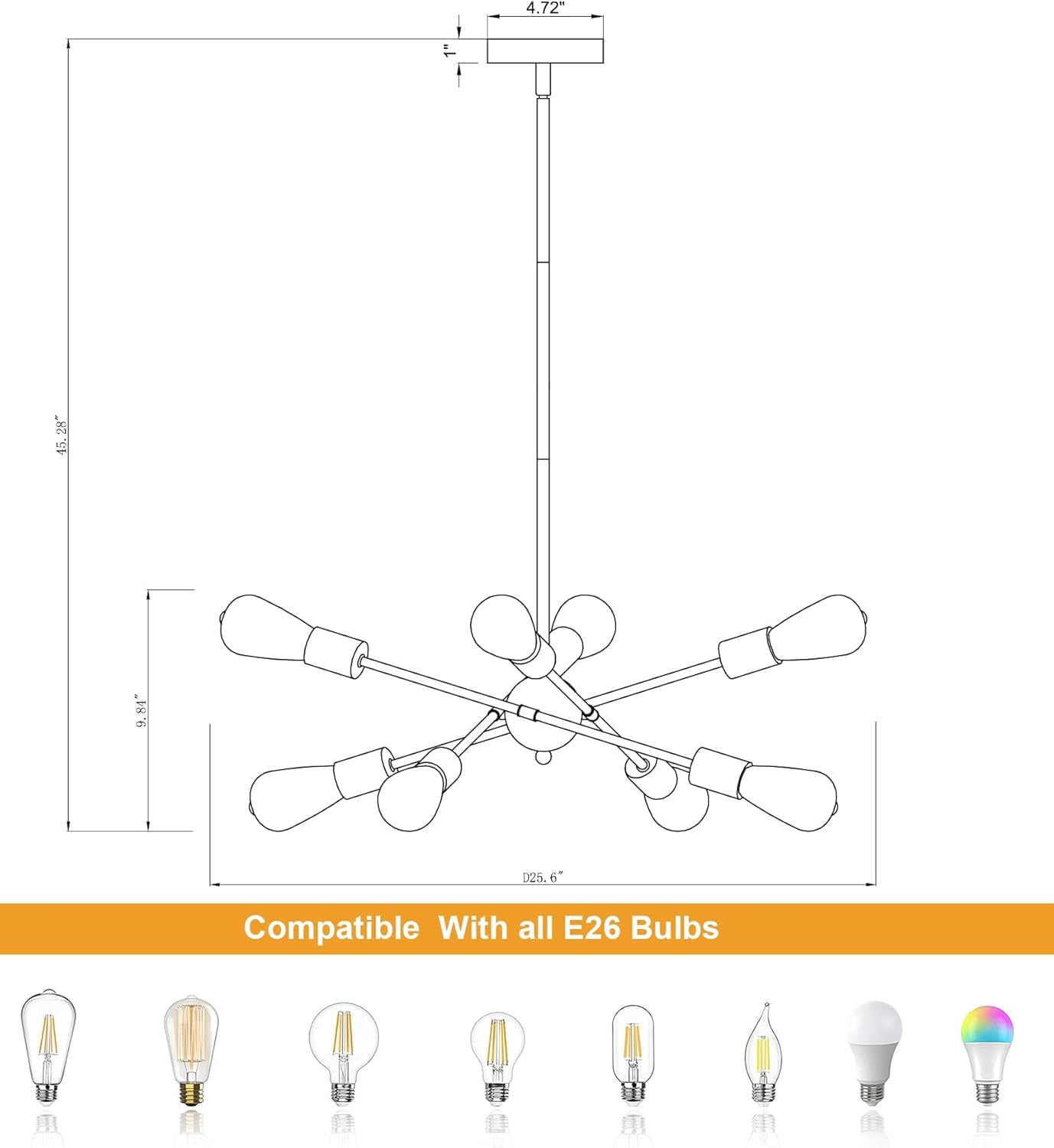 8 Lights Dining Room Light Fixtures Modern Sputnik Chandelier Black