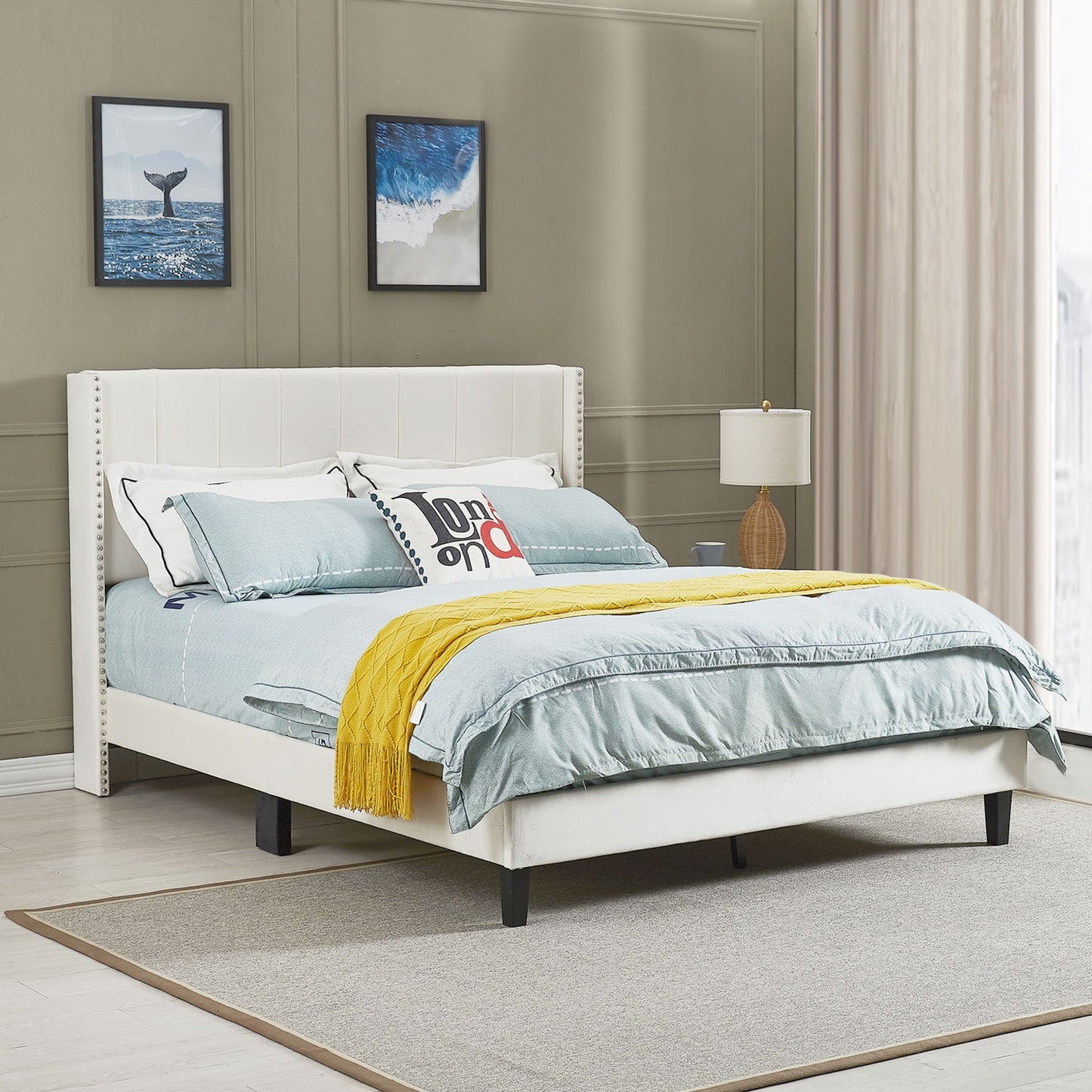Queen Bed Frame/Velvet Upholstered Bed Frame with Vertical Channel