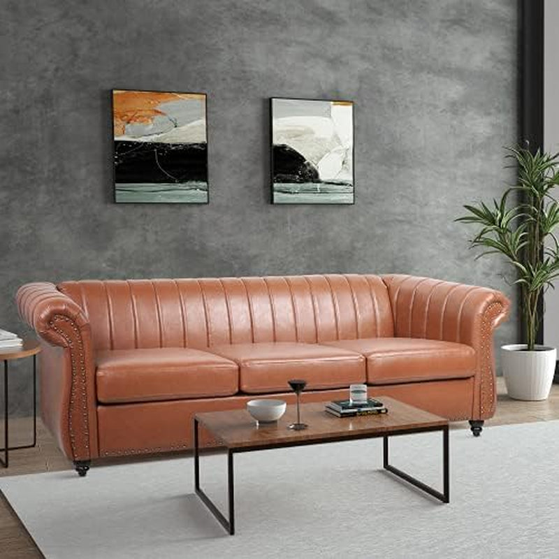 FAMIROSA Chesterfield Sofa, 3 Seater Sofa PU Leather with Rolled Arm Studded Decoration Rotating Solid Wood Legs Couches for Living (Bronze)