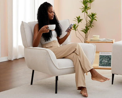 Chair Set- Upholstered Living Room Chair with High Wingback, White Corduroy Chair Set of 3