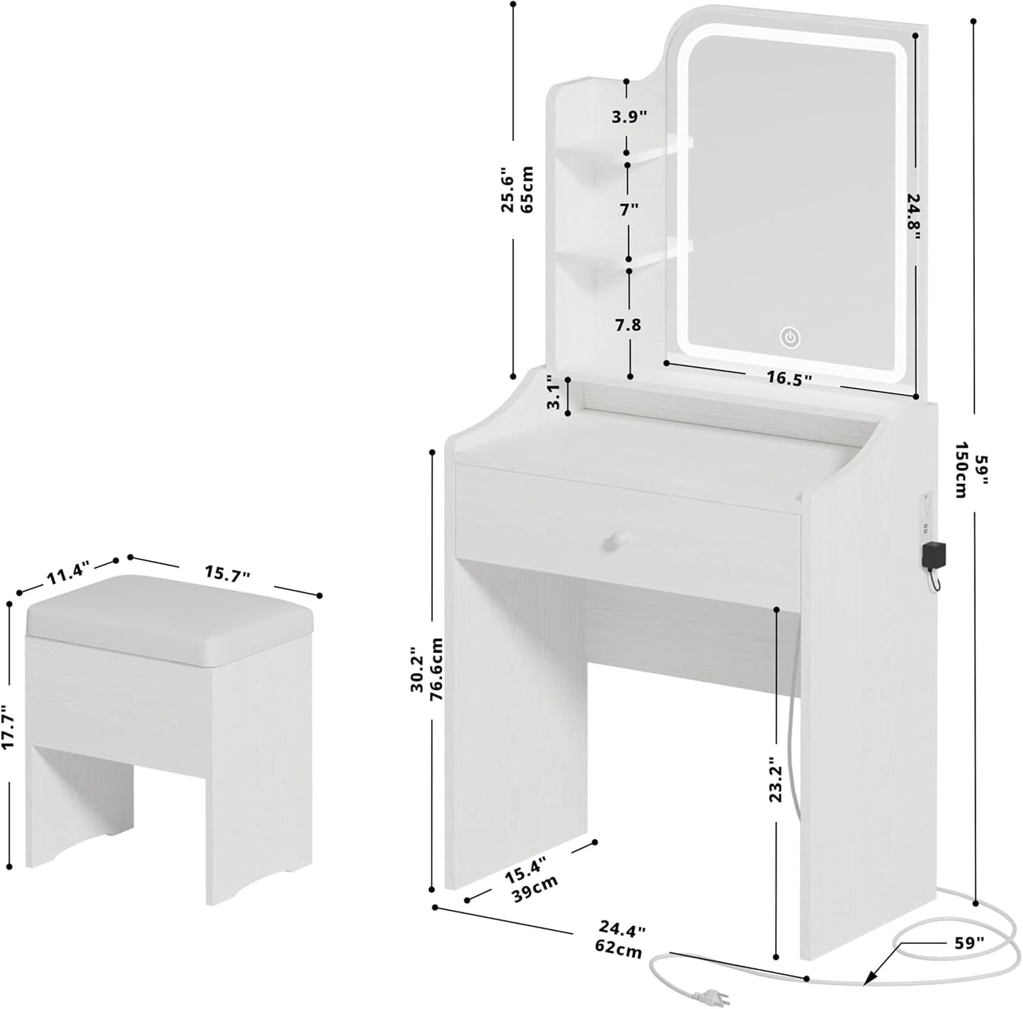 Small Makeup Vanity Desk with Mirror and Lights, Vanity Table Set with