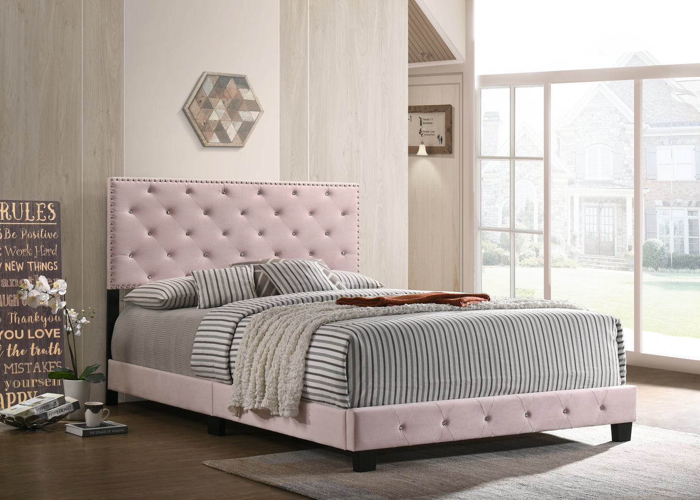 Charming Pink Transitional King Bed For Comfort