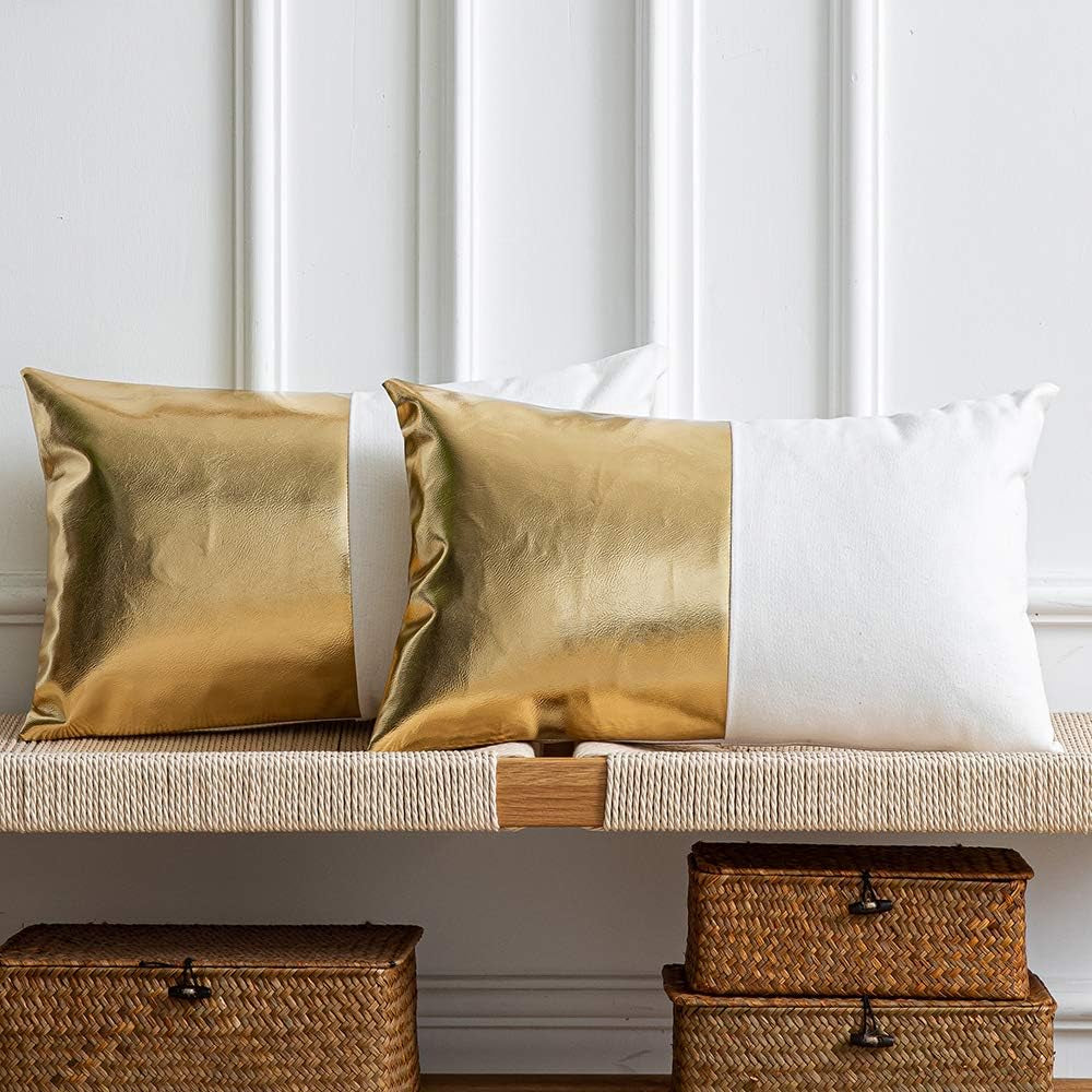 DEZENE Leather Throw Pillow Covers, Set of 2 Modern Leather/Cotton Decorative Pillowcases for Home Decor Bedroom Living Room Couch Bed Sofa, 18X18 Inch, Cognac-Brown and White