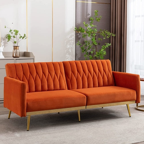 Orange Velvet Convertible Sofa Bed with Metal Legs