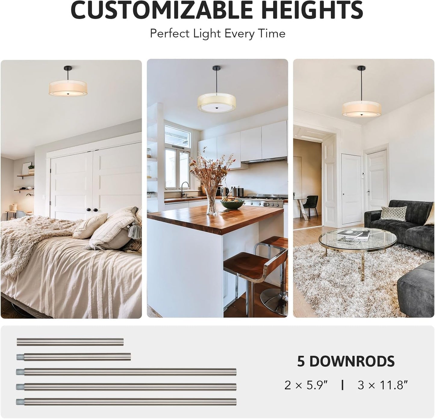 3-Light Drum Chandeliers, 20" Pendant Light Fixture with 2-Layer