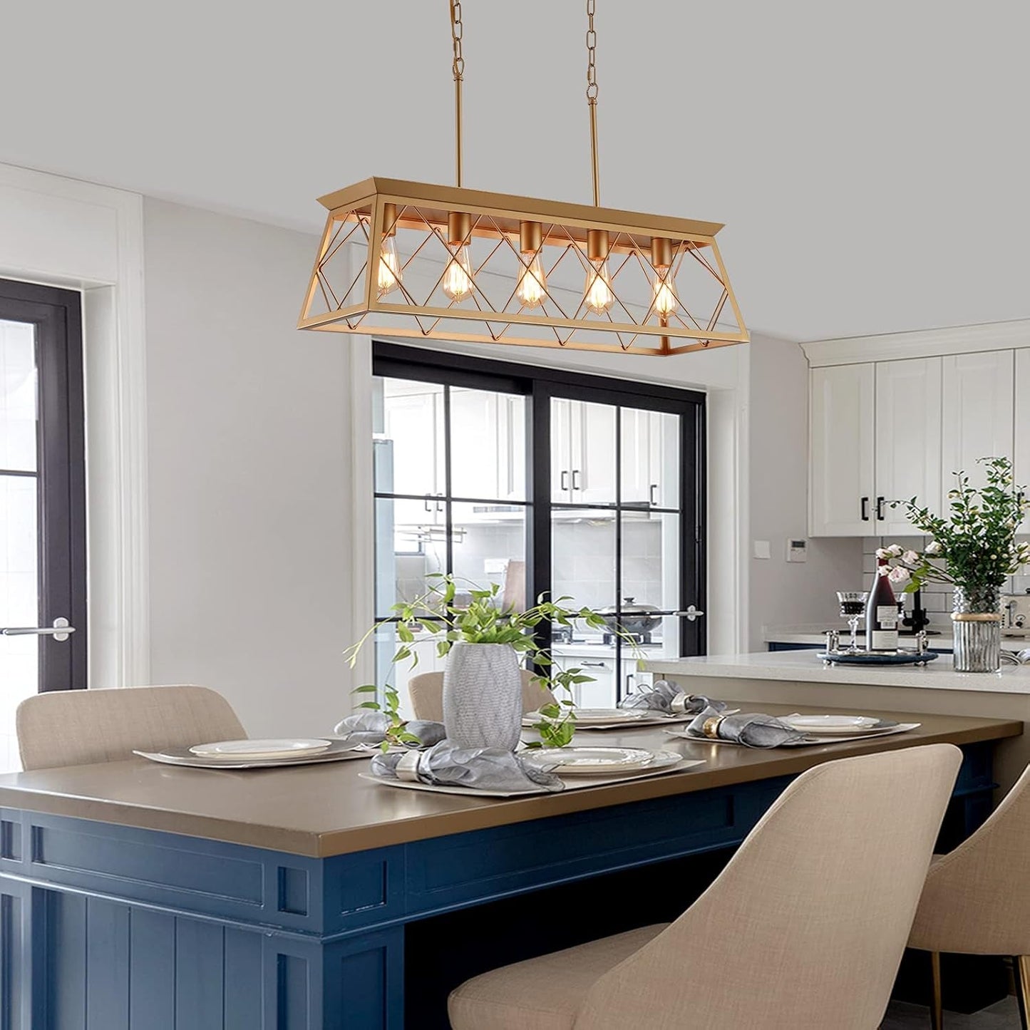 Modern Farmhouse Chandelier Light Fixtures,5-Lights Gold Linear