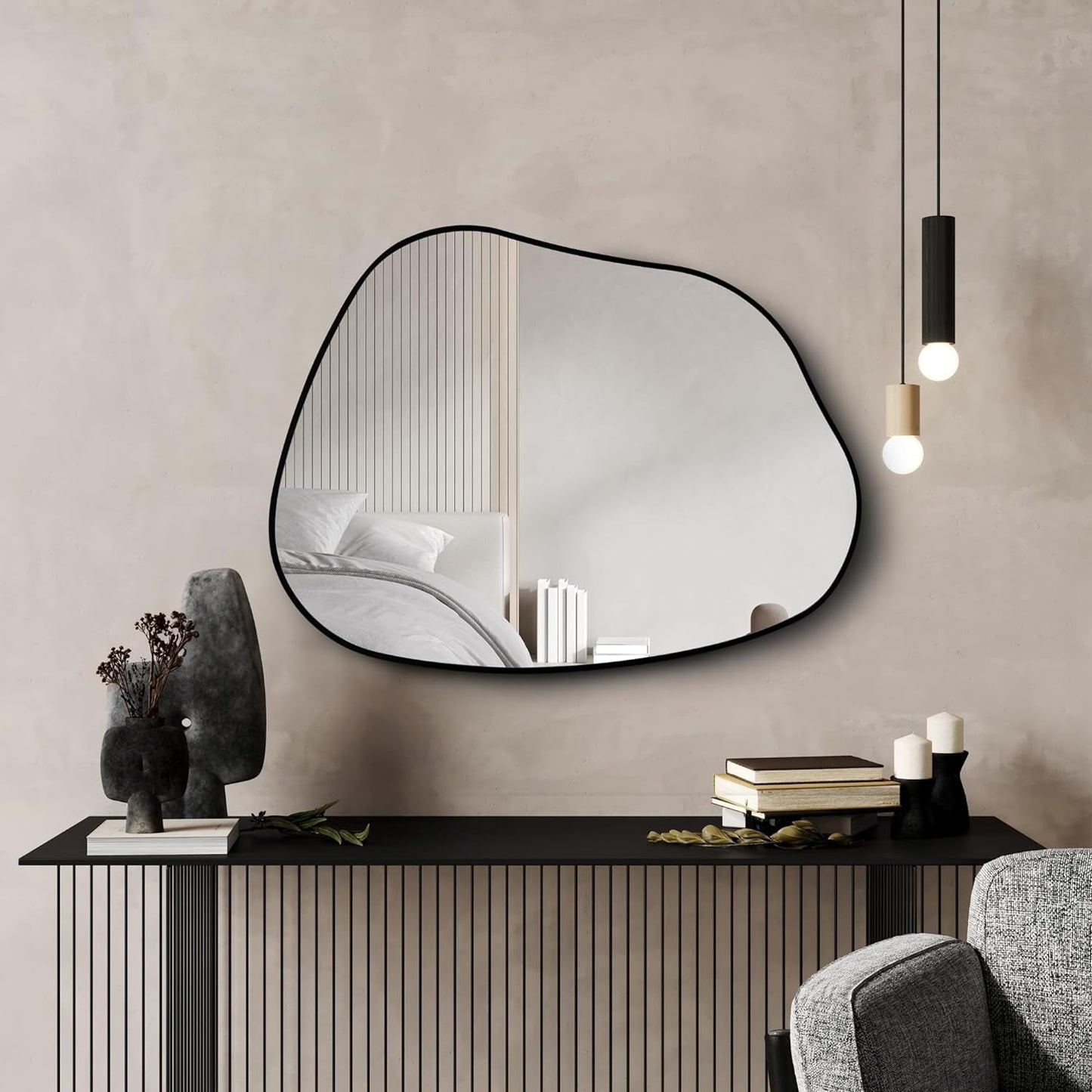 Asymmetrical Mirror with Irregular Wooden Frame, Ideal for Living