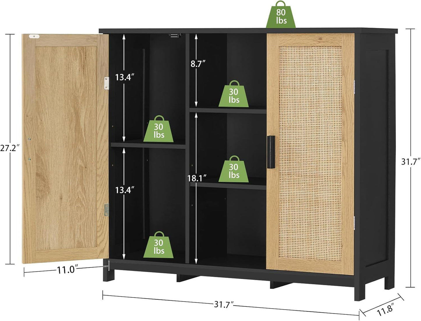 Storage Cabinet Rattan Credenza for Living Room and Coffee Bar, Multifunctional