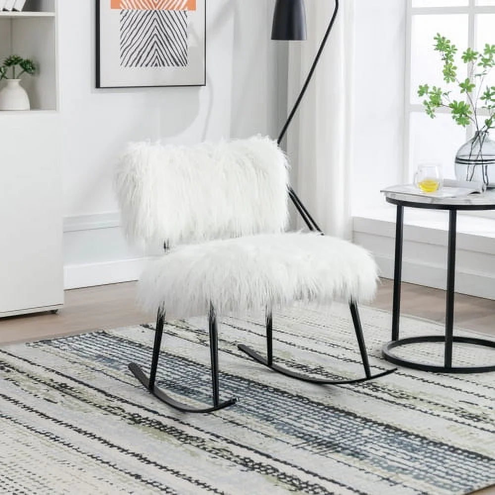 Wide Faux Fur Plush Nursery Rocking Chair, Baby Nursing Chair with Metal Rocker, Fluffy Upholstered Glider Chair, Comfy Mid Century Modern Chair for Living Room