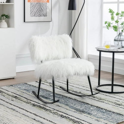 Wide Faux Fur Plush Nursery Rocking Chair, Baby Nursing Chair with Metal Rocker, Fluffy Upholstered Glider Chair, Comfy Mid Century Modern Chair for Living Room