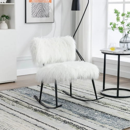 Wide Faux Fur Plush Nursery Rocking Chair, Baby Nursing Chair with Metal Rocker, Fluffy Upholstered Glider Chair, Comfy Mid Century Modern Chair for Living Room
