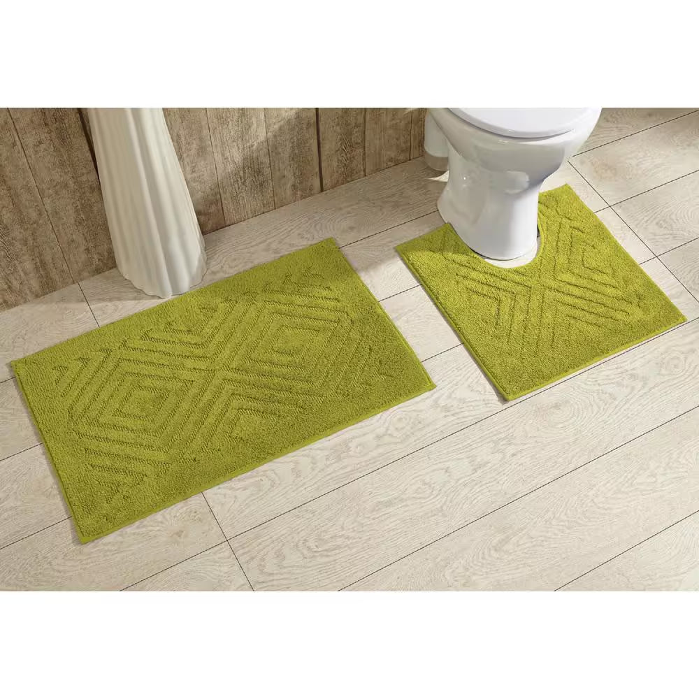 Trier Collection 2-Piece Green 100% Cotton Diamond Pattern Bath Rug Set - 20 In. X 30 In. and 20 In. X 20 In.