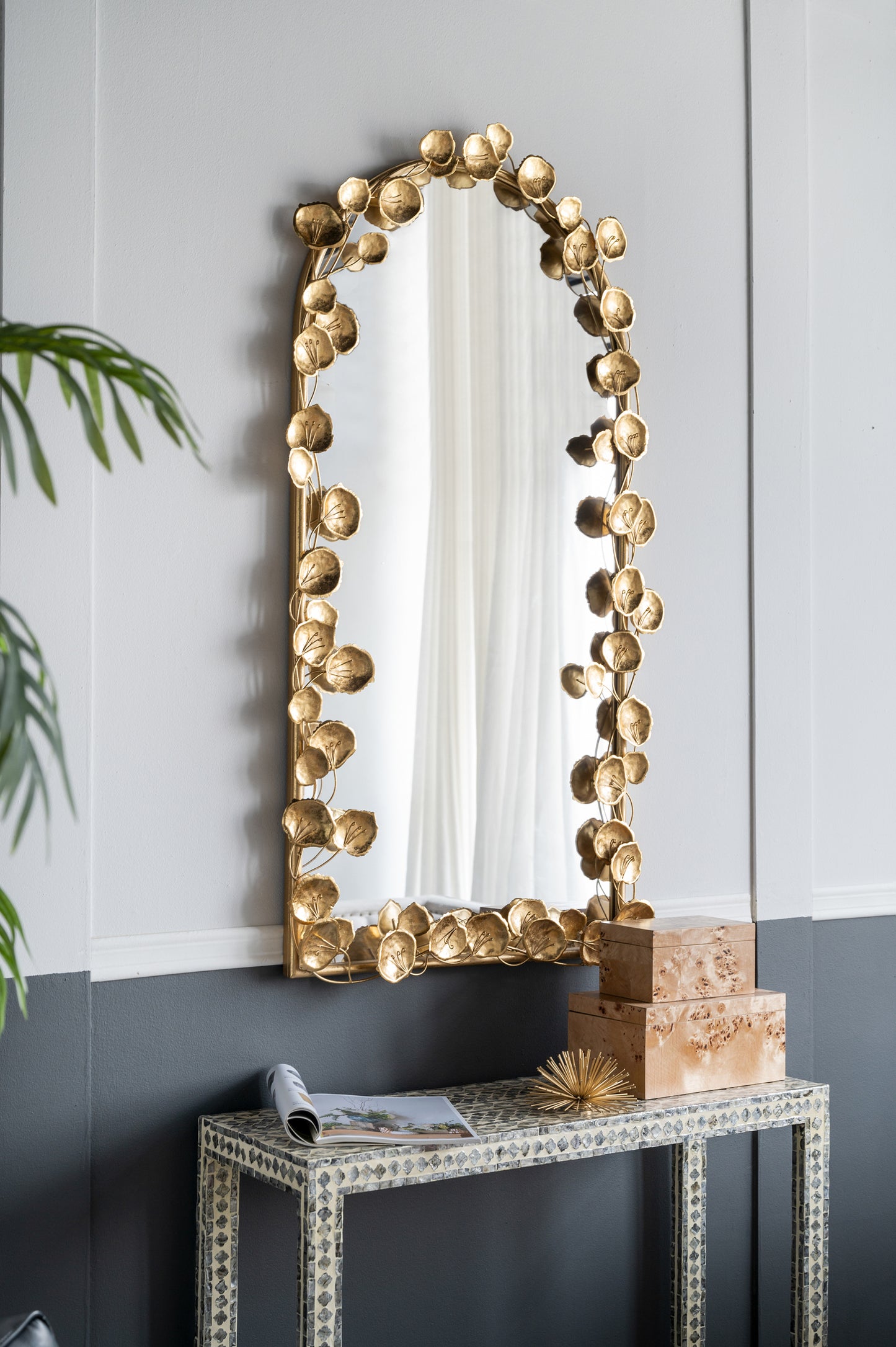 51.5' x 29' Full Length Arched Wall Mirror with Golden Leaf Accents, Decorative Mirror for Living Room Bedroom